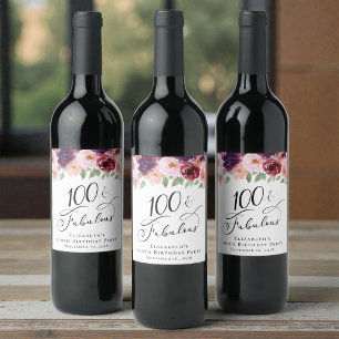 Étiquette Pour Bouteilles De Vin Fête élégante de 100 ans avec des fleurs