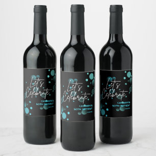 Étiquette Pour Bouteilles De Vin Fêtons l'anniversaire bleu du Bokeh Gradient noir
