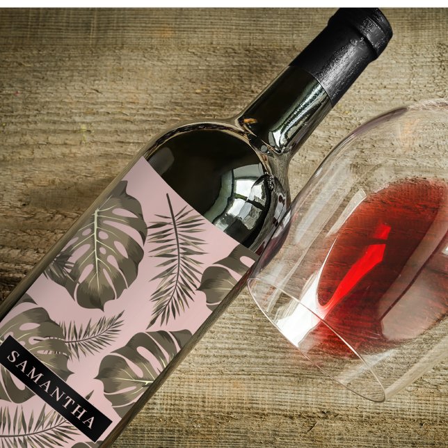 Étiquette Pour Bouteilles De Vin Feuille Tropical Pink & Gold Palm Motif et nom (Créateur téléchargé)