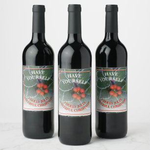 Étiquette Pour Bouteilles De Vin Feuilles de houx vert givré Chic simple Baies roug