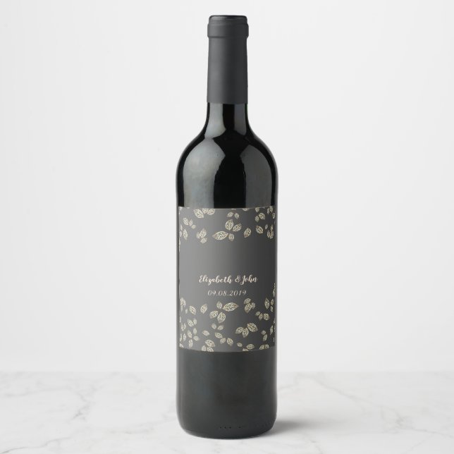 Étiquette Pour Bouteilles De Vin Feuilles d'or Élégant Chic (Devant)