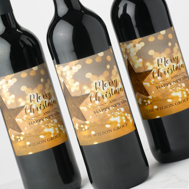 Étiquette Pour Bouteilles De Vin Feux de Noël et cadeau d'affaires Star (Christmas lights and star business gift personalized wine bottle labels)
