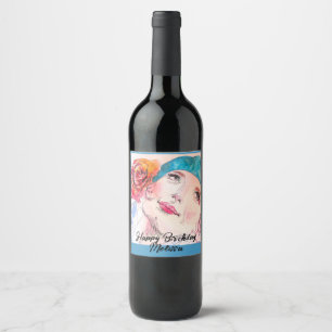Étiquette Pour Bouteilles De Vin Fille avec Rose Rouge Beret fête d'anniversaire fe