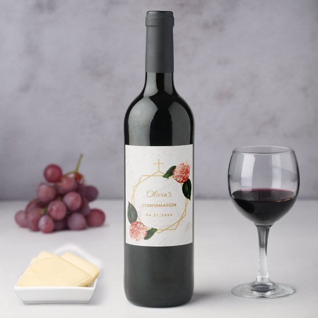 Étiquette Pour Bouteilles De Vin Fille Confirmation Fleurie Marbre Doré Camélia Ros (Créateur téléchargé)