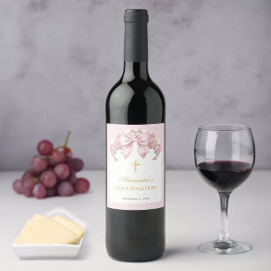 Étiquette Pour Bouteilles De Vin Fille confirmation rose arc en ruban croix dorée f