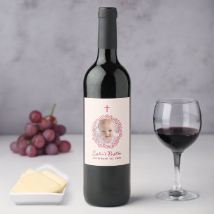 Étiquette Pour Bouteilles De Vin Fille de baptême Photo Couronne florale rose et ro