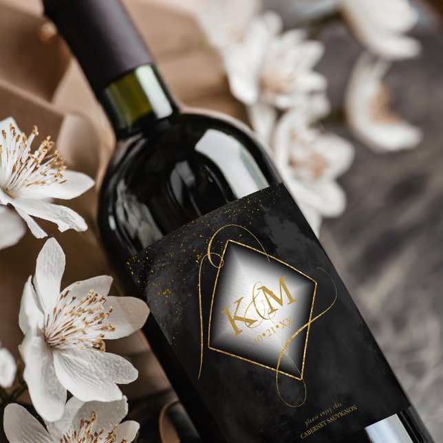 Étiquette Pour Bouteilles De Vin Fine Lines Gold Abstrait Mariage V2 Black ID867 (Créateur téléchargé)