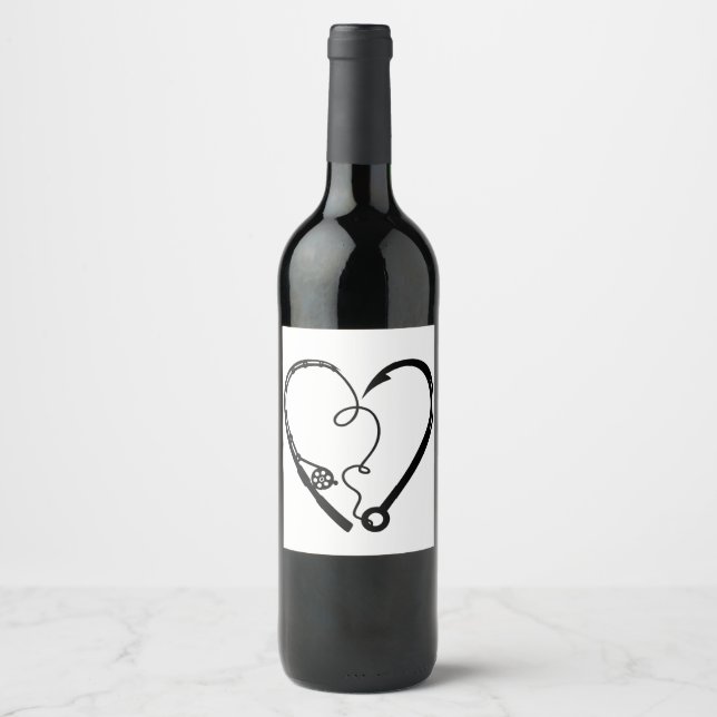 Étiquette Pour Bouteilles De Vin Fishing Rod Heart Heart (Devant)