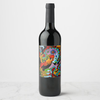 Étiquette Pour Bouteilles De Vin Flacon de vin avec étiquette colorée d'un coq.