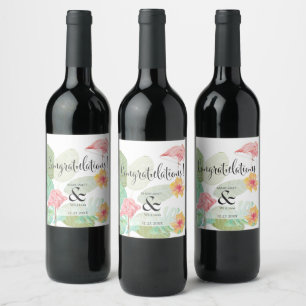 Étiquette Pour Bouteilles De Vin Flamant Rose Élégant, Feuilles et fleur tropicales