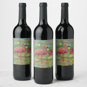 Étiquette Pour Bouteilles De Vin Flamant rose retraité Jouer Pickleball Aquarelle