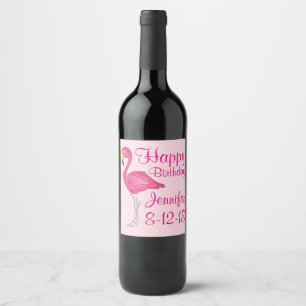 Étiquette Pour Bouteilles De Vin Flamant rose rose tropical Oiseau Joyeux Anniversa