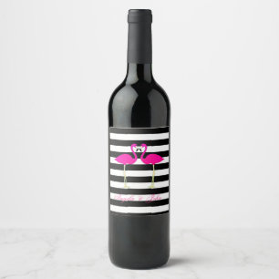 Étiquette Pour Bouteilles De Vin Flamants roses personnalisés, rayures noires et bl