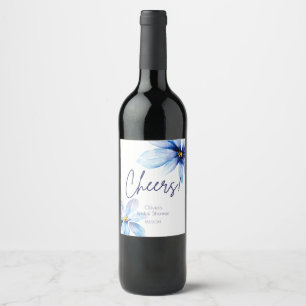 Étiquette Pour Bouteilles De Vin Fleur bleu marine Minimaliste élégant Shower de ma