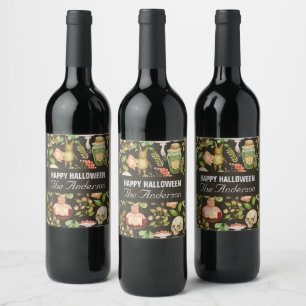Étiquette Pour Bouteilles De Vin Fleur de champignon Plante de crâne Halloween Abst