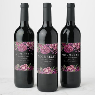 Étiquette Pour Bouteilles De Vin Fleur de noir élégant violet rose Anniversaire