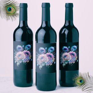 Étiquette Pour Bouteilles De Vin Fleur de Paon Noir Élégant