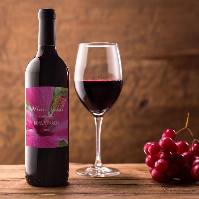 Étiquette Pour Bouteilles De Vin Fleur d'Hibiscus rose personnalisée (In Situ Glass of Wine)