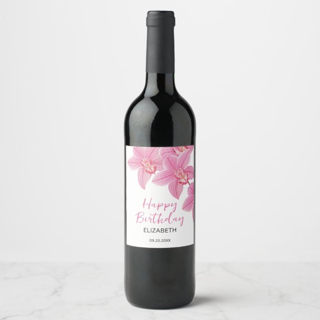 Étiquette Pour Bouteilles De Vin Fleur d'orchidée rose tropicale Joyeux anniversair (Devant)