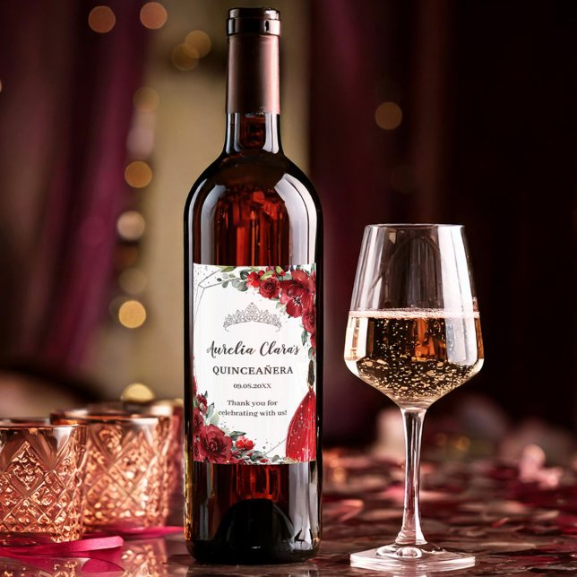 Étiquette Pour Bouteilles De Vin Fleur Florale Rouge Argent Quinceañera 16e anniver (Créateur téléchargé)