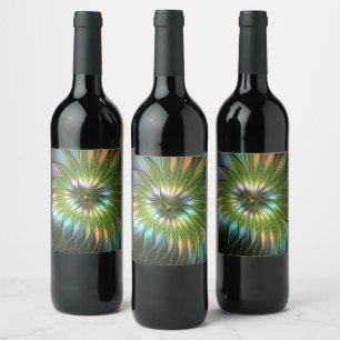 Étiquette Pour Bouteilles De Vin Fleur fractale d'art fantastique coloré lumineux