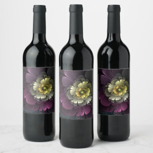 Étiquette Pour Bouteilles De Vin Fleur fractale grise khaki pourpre moderne abstrai