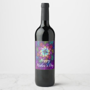 Étiquette Pour Bouteilles De Vin Fleur psychédélique colorée Art fractal Abstrait