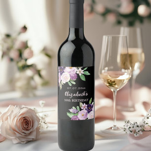 Étiquette Pour Bouteilles De Vin Fleur rose lavande violet noir anniversaire