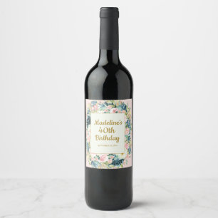 Étiquette Pour Bouteilles De Vin Fleur rose sarcelle vintage pour 40 ans ou tout au