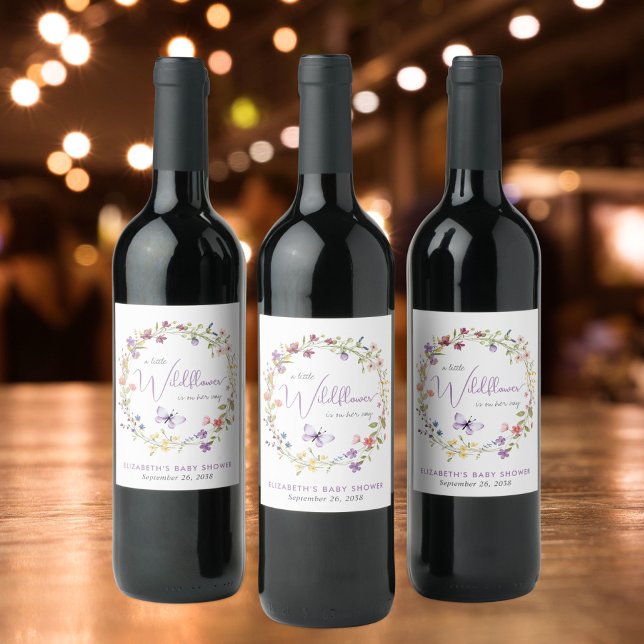 Étiquette Pour Bouteilles De Vin Fleur sauvage Aquarelle bébé fille douche (Créateur téléchargé)