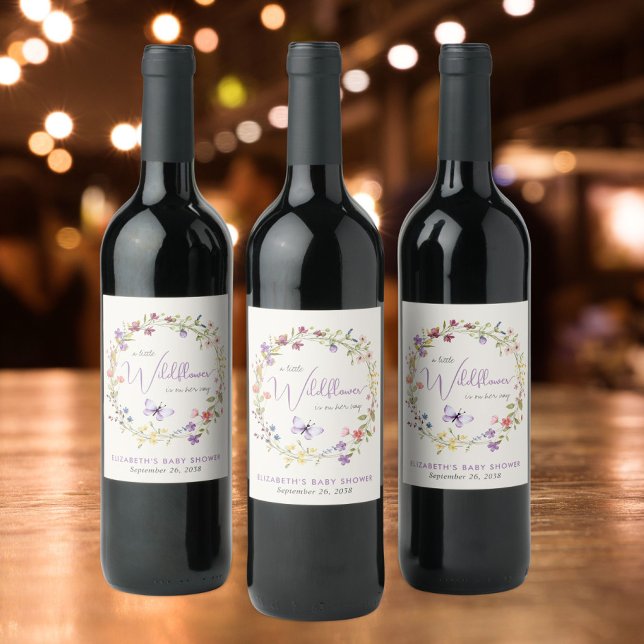 Étiquette Pour Bouteilles De Vin Fleur sauvage Aquarelle bébé fille douche (Créateur téléchargé)