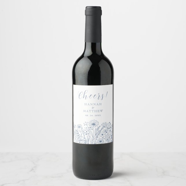 Étiquette Pour Bouteilles De Vin Fleur sauvage Boho Dusty Mariage bleu (Devant)
