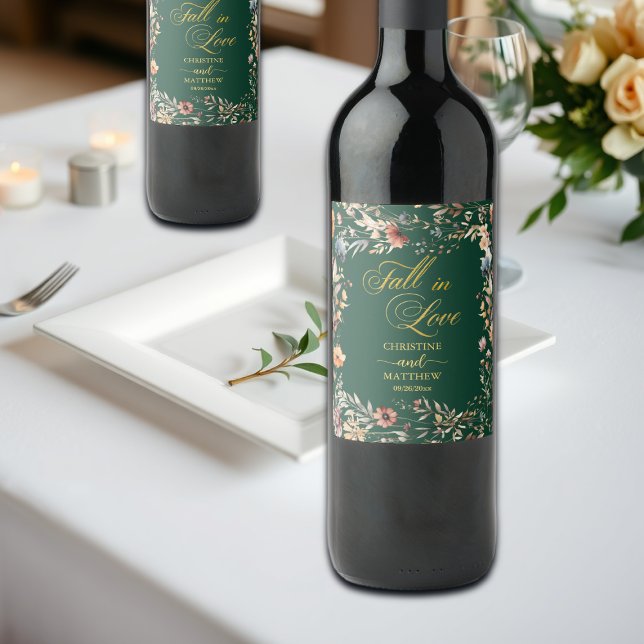 Étiquette Pour Bouteilles De Vin Fleur sauvage Gold 'Fall in Love' Mariage élégant (Créateur téléchargé)