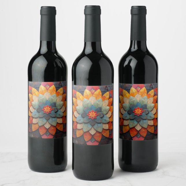 Étiquette Pour Bouteilles De Vin Fleur texturée Mandala Art (Bouteilles)
