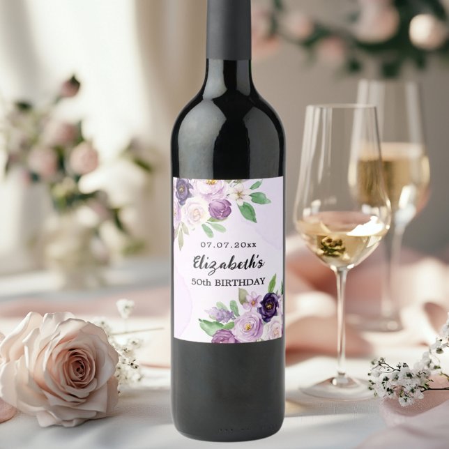 Étiquette Pour Bouteilles De Vin Fleur violet rose violet anniversaire (Créateur téléchargé)