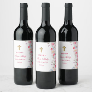 Étiquette Pour Bouteilles De Vin Fleurs aquarelles Première communion
