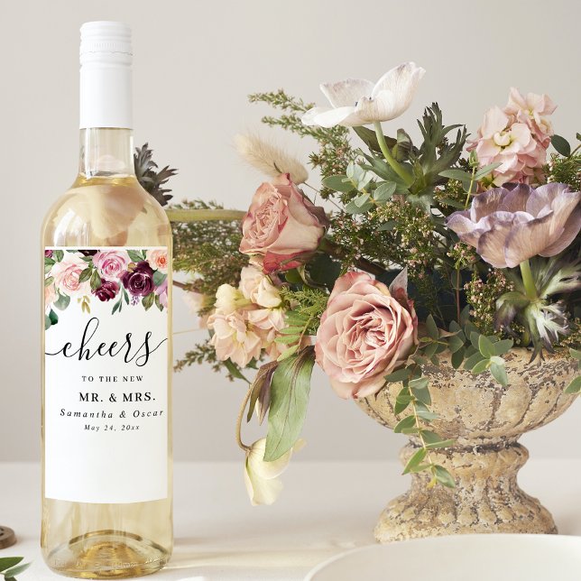 Étiquette Pour Bouteilles De Vin Fleurs aquarelles rustiques bordeaux & gouttes d'o (Créateur téléchargé)