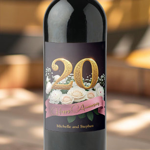 Étiquette Pour Bouteilles De Vin Fleurs blanches Ruban rose 20e anniversaire Mariag