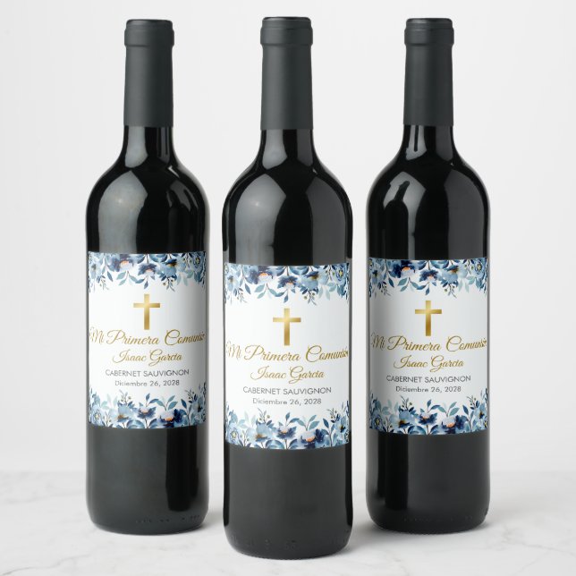 Étiquette Pour Bouteilles De Vin Fleurs Bleues mignonnes Espagnol Première Communio (Bouteilles)