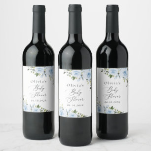 Étiquette Pour Bouteilles De Vin Fleurs bleues poussiéreuses, Verdure, Boho, Baby s