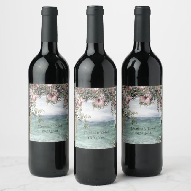 Étiquette Pour Bouteilles De Vin Fleurs Chic Mariage Océan (Bouteilles)