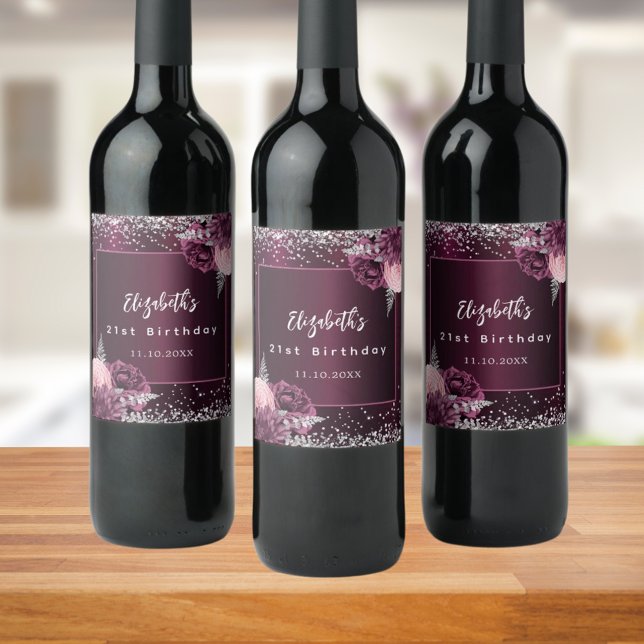 Étiquette Pour Bouteilles De Vin Fleurs d'argent rose bordeaux (Créateur téléchargé)