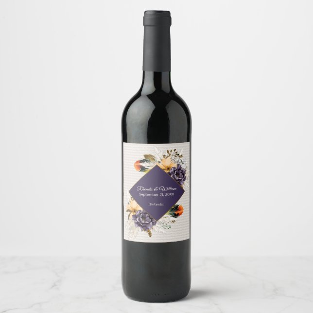 Étiquette Pour Bouteilles De Vin Fleurs d'automne avec Mariage de laiton et de plum (Devant)