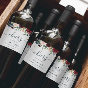 Étiquette Pour Bouteilles De Vin Fleurs de beauté rustiques bordeaux bleu marine et
