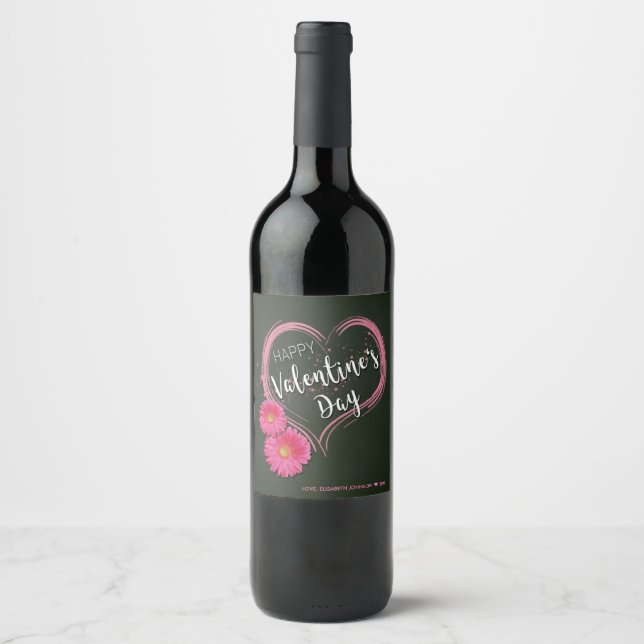 Étiquette Pour Bouteilles De Vin Fleurs de Coeur Rose Saint-Valentin - Étiquette de (Devant)