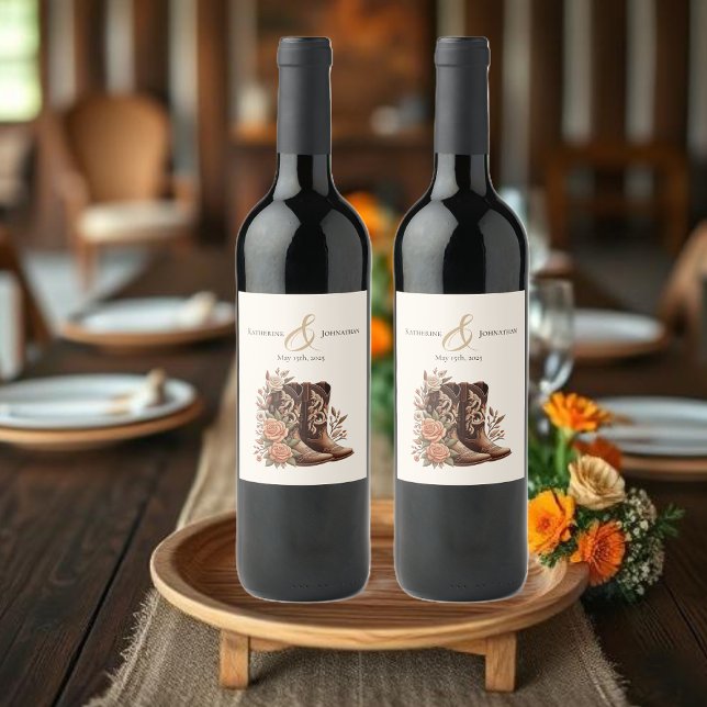 Étiquette Pour Bouteilles De Vin Fleurs de l'Ouest du pays avec bottes de cowboy (Country Western Flowers with Cowboy Boots Wine Label)