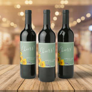 Étiquette Pour Bouteilles De Vin Fleurs de soleil sur Étiquette Mariage vert