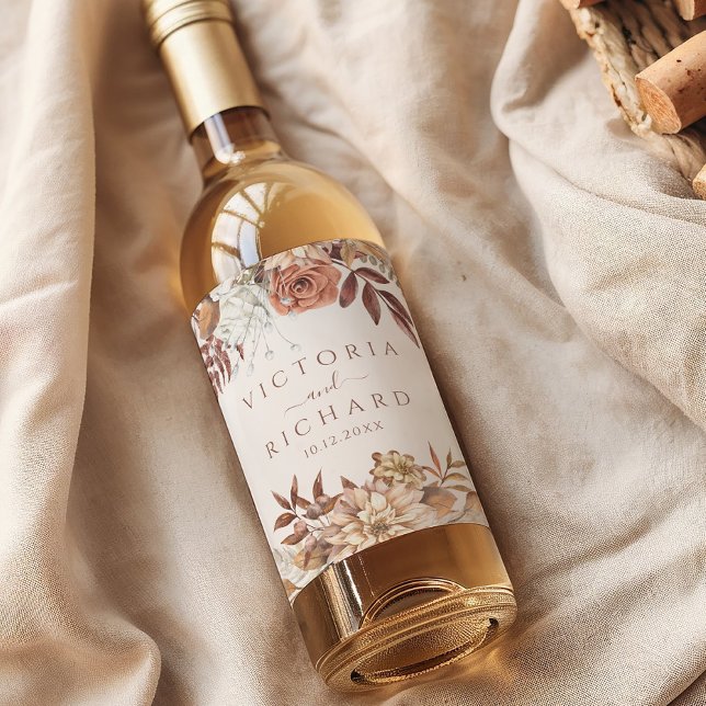 Étiquette Pour Bouteilles De Vin Fleurs de terre cuite Boho automne Mariage (Créateur téléchargé)