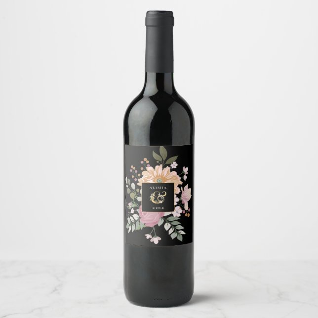 Étiquette Pour Bouteilles De Vin Fleurs d'été sur Mariage noir (Devant)