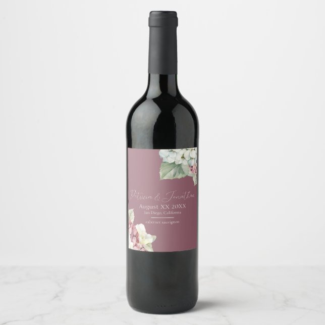 Étiquette Pour Bouteilles De Vin Fleurs d'hydrangea à l'aquarelle rose et blanc sur (Devant)